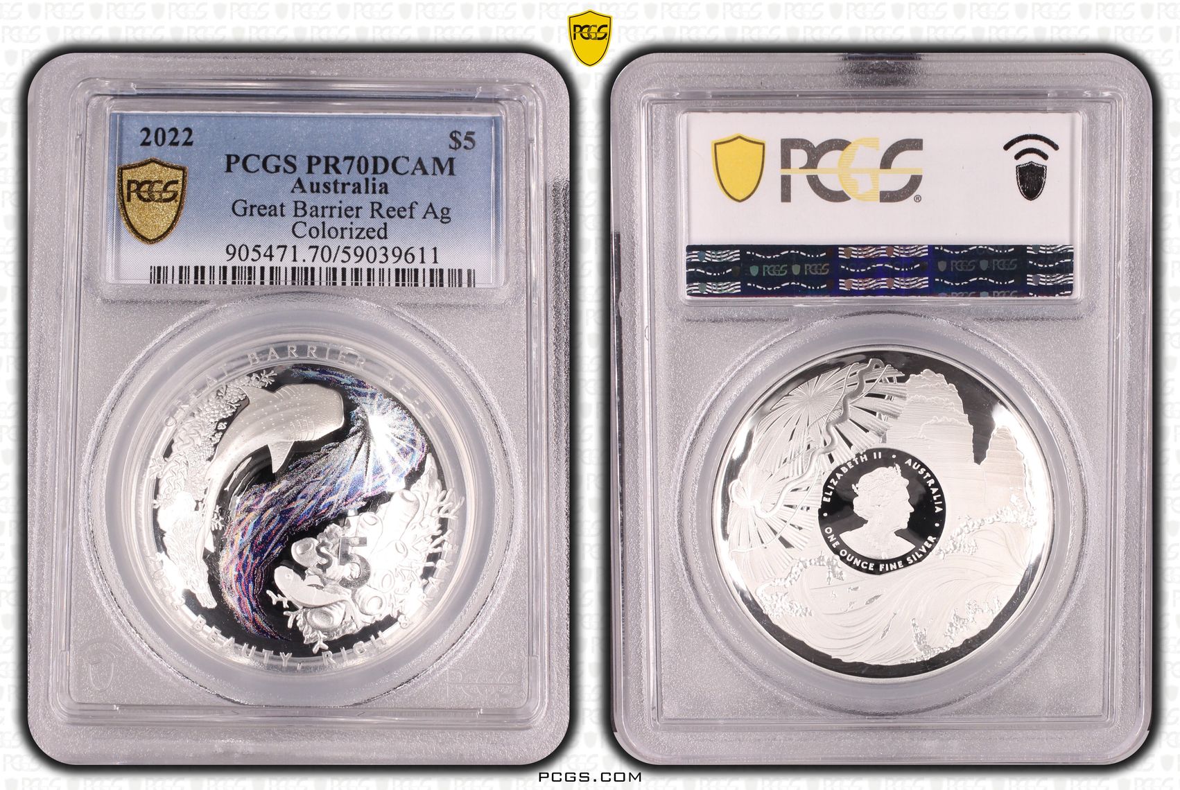 Great Barrier Reef Ag Colorized, Five Dollar, 2022, PCGS PR70DCAM