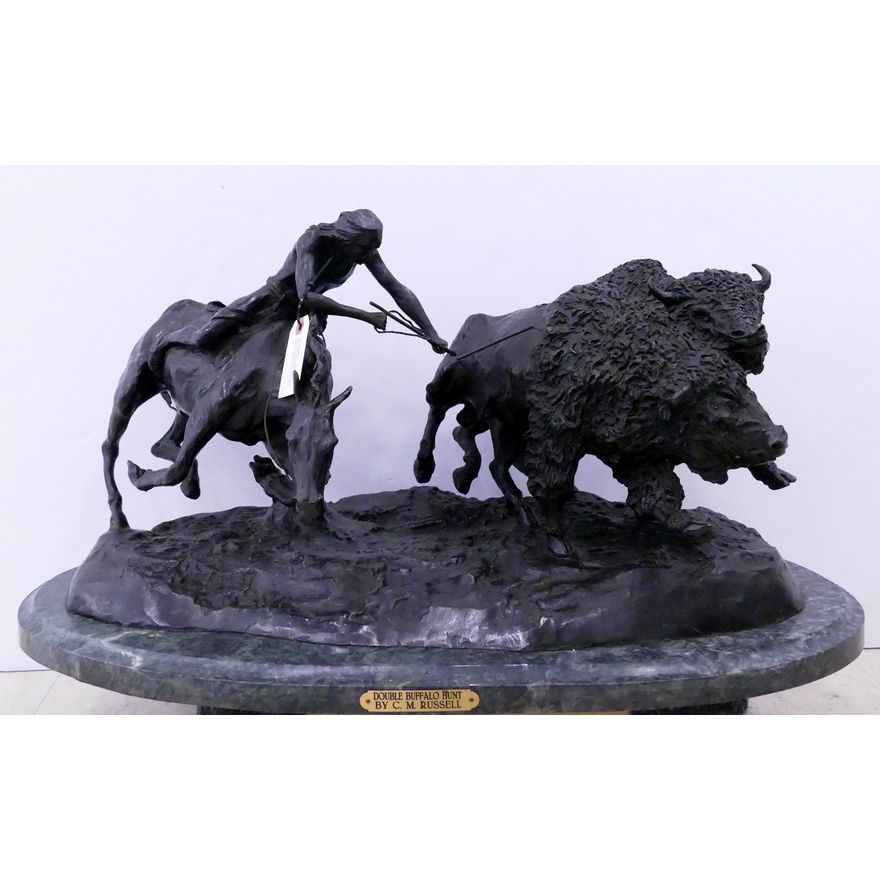 After C.M. Russell Double Buffalo Hunt Large Bronze Sculpture- 15x30''