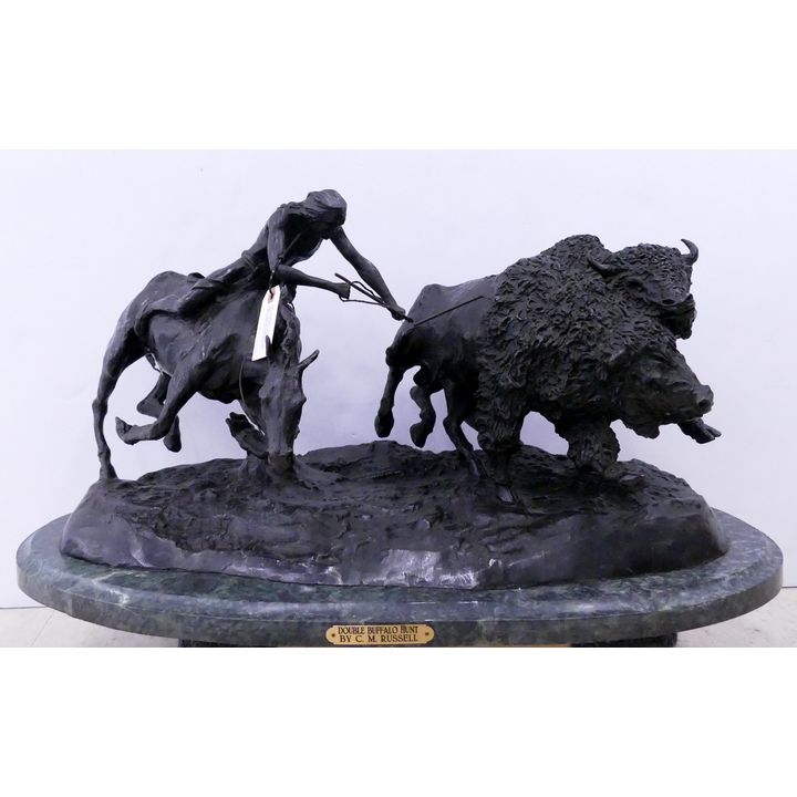 After C.M. Russell Double Buffalo Hunt Large Bronze Sculpture- 15x30''