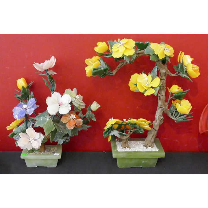 2pc Chinese Hardstone and Peking Glass Trees 15'' and 18''