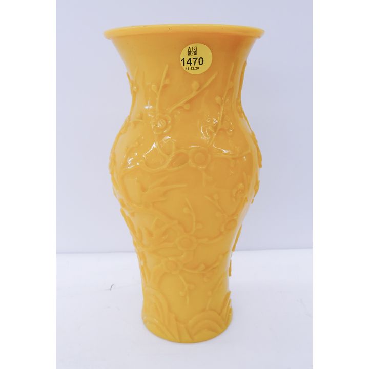 Chinese Carved Yellow Peking Glass Vase- 8.5''