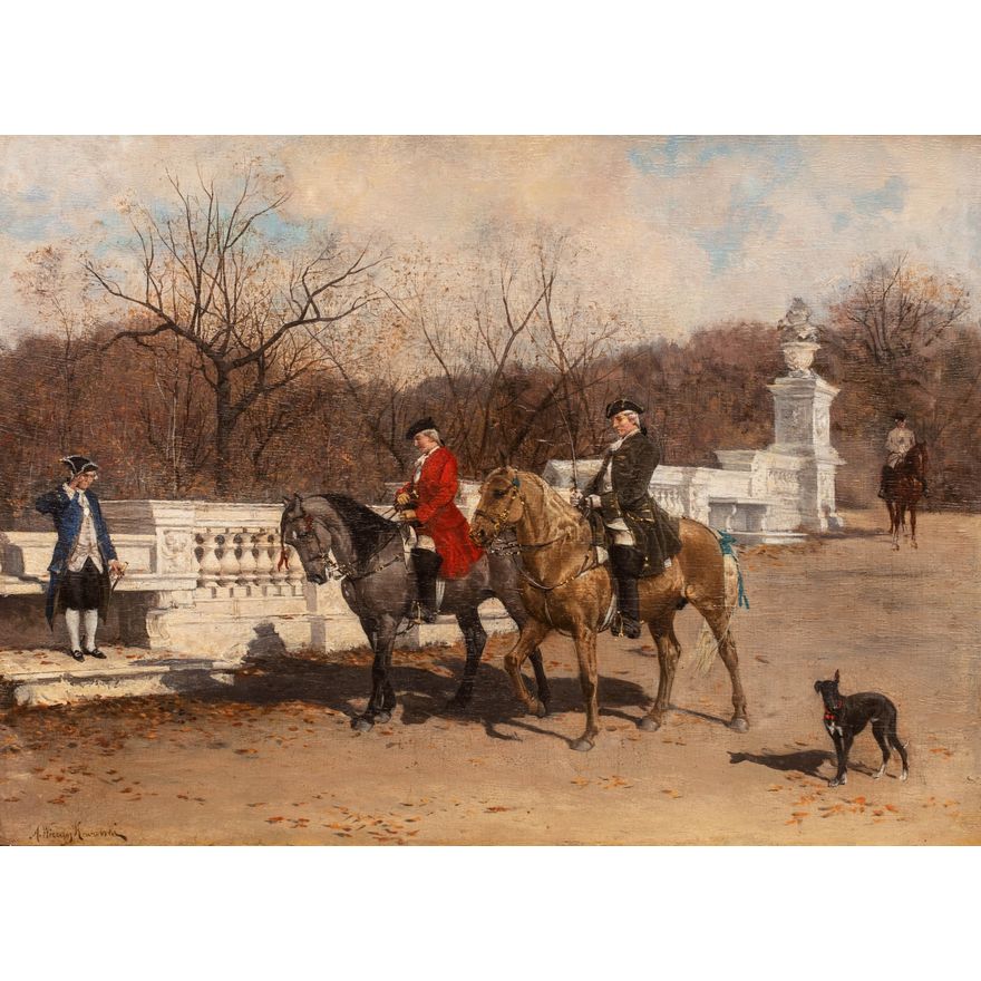 Alfred Wierusz-Kowalski | Spacer konny w parku (Przejażdżka konna z guwernerem), przed 1878 r.