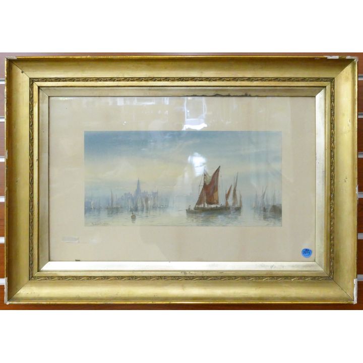Thomas Thoutinien (19th Cent. European) Harbor Scene Watercolor