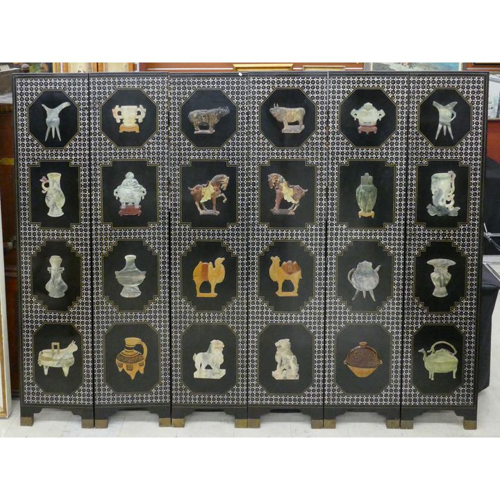 Ornate Chinese Lacquered and Stone Applique Archaic Objects 6 Panel Room Divider Screen- 72x96''