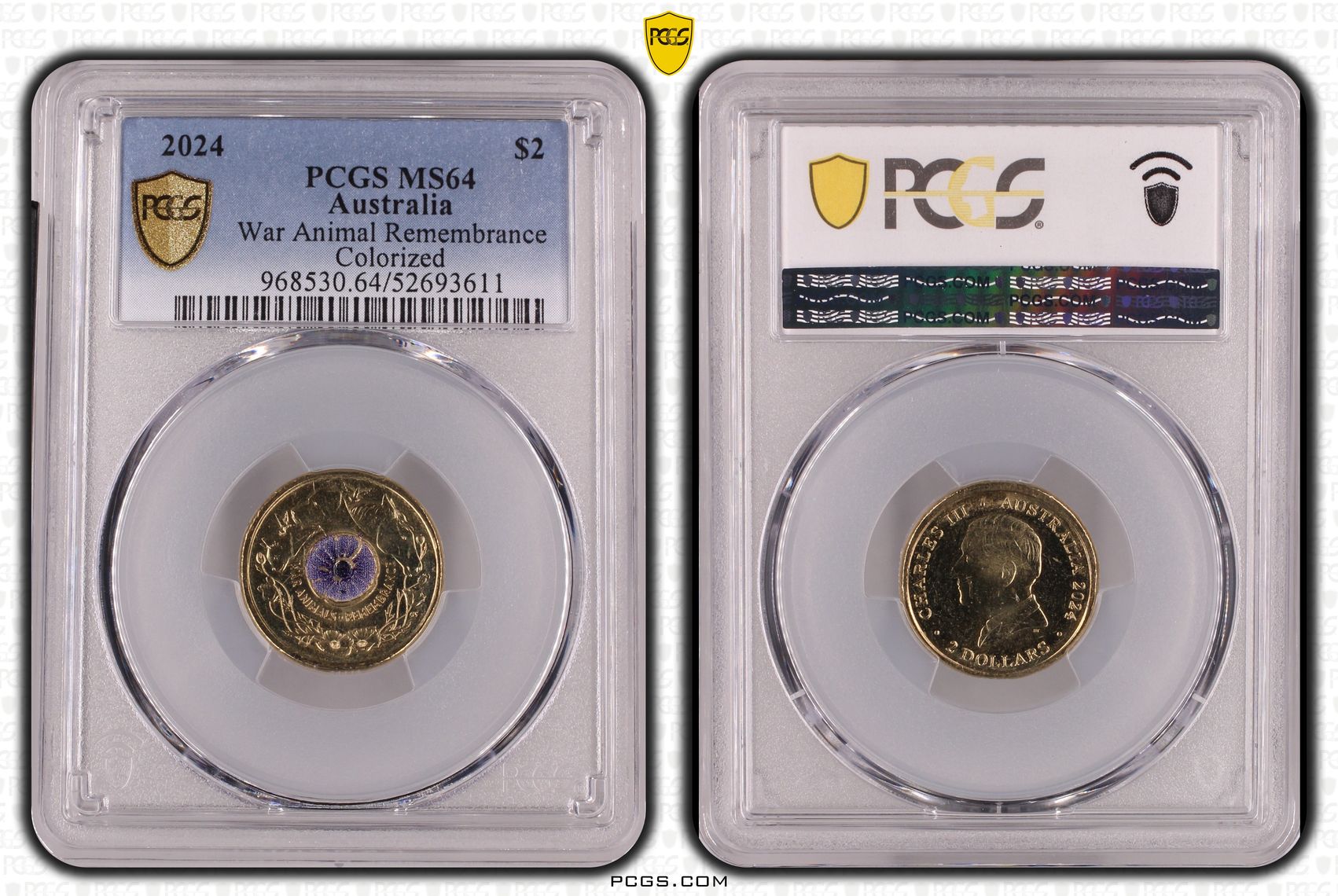 War Animal Remembrance Colourised, Two Dollar, 2024, PCGS MS64
