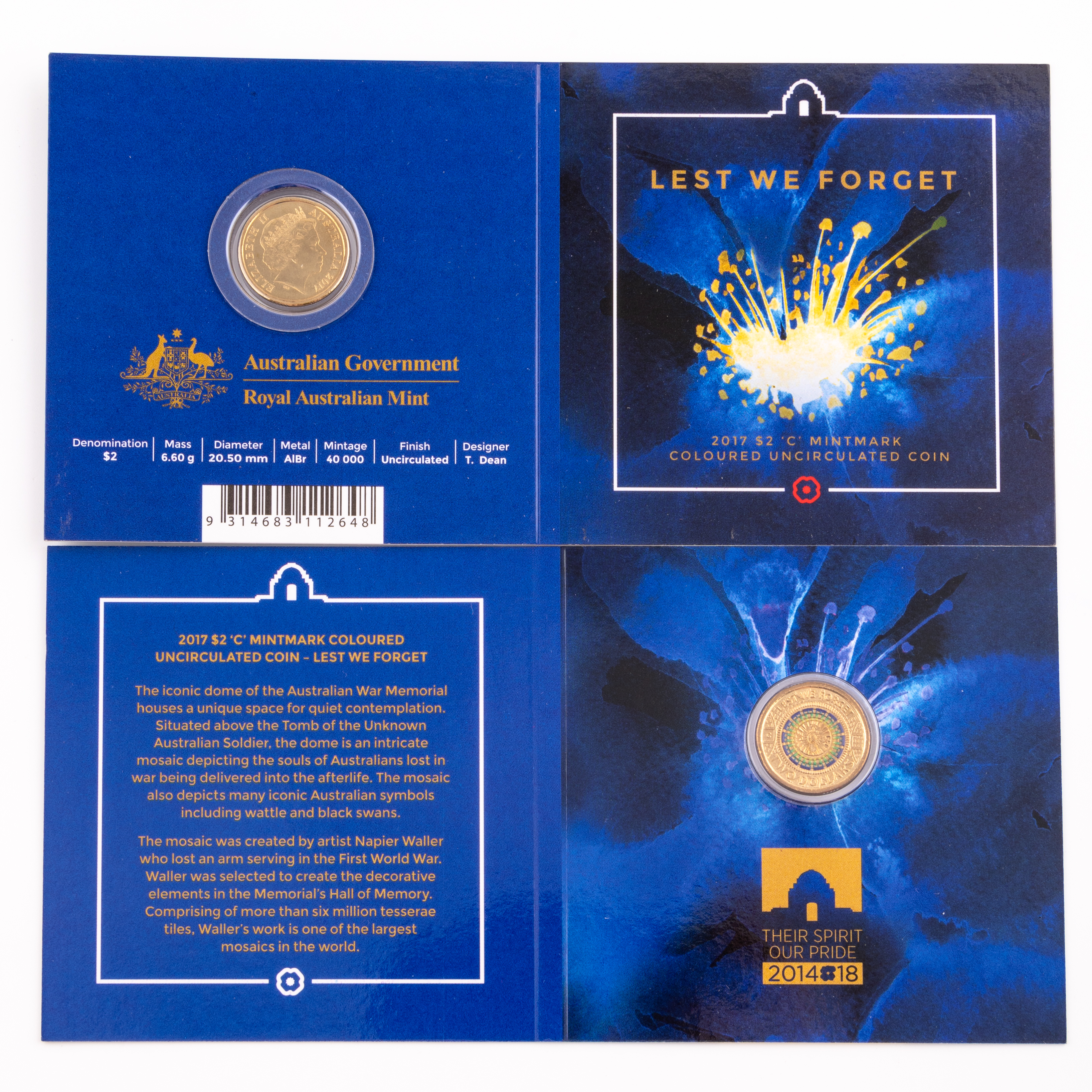 248 · Elizabeth II, Lest We Forget Carded Coin, Two Dollar, 2017-C,  UNC