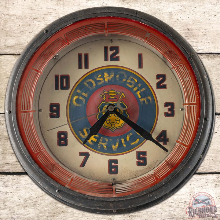 Oldsmobile Service Neon Advertising Clock w/ Crest Logo