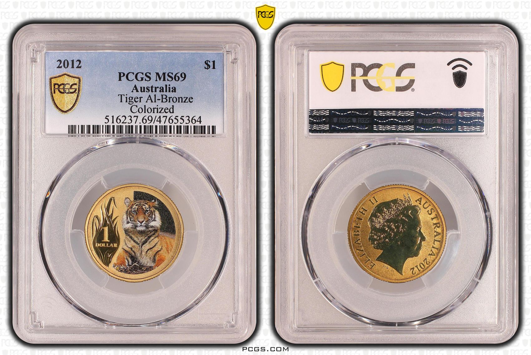 357 · Elizabeth II, Tiger Al-Bronze, One Dollar, 2012, PCGS MS69