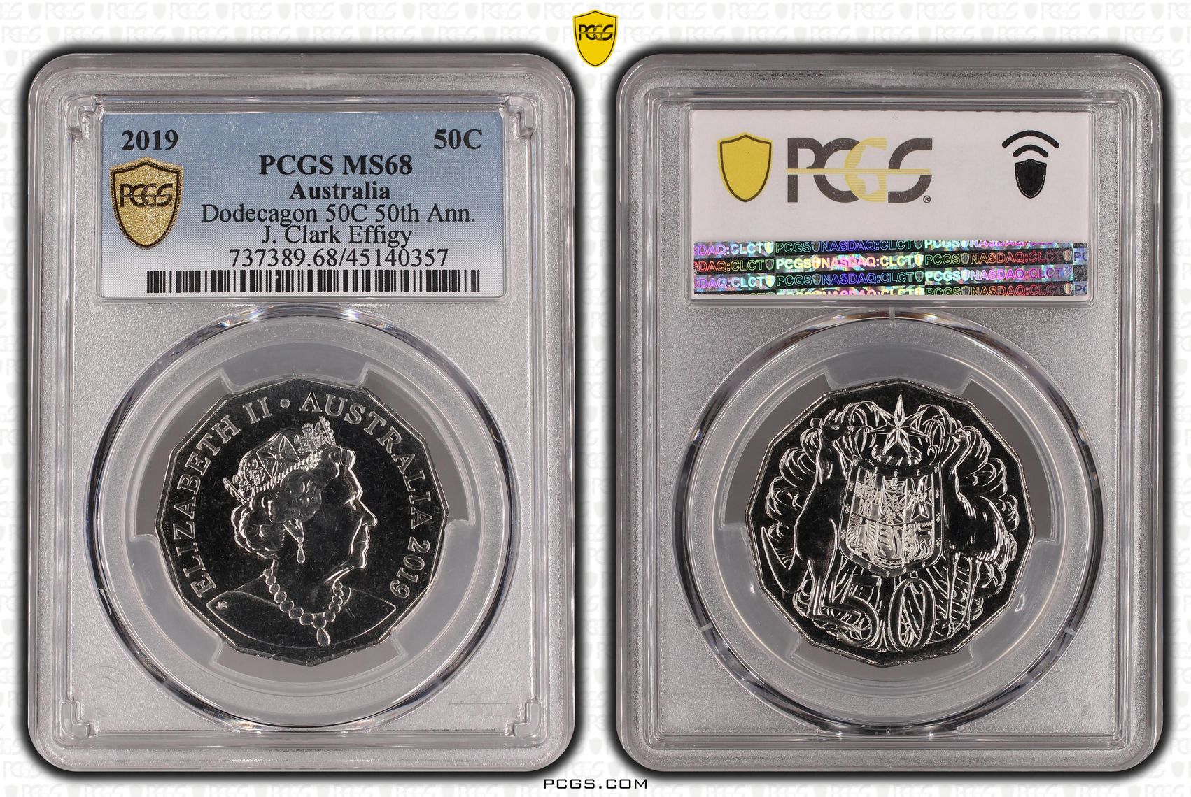 2019 Australia Fifty Cent, 50c Dodecagon 50C 50th Ann. J. Clark Effigy PCGS - MS68 -357