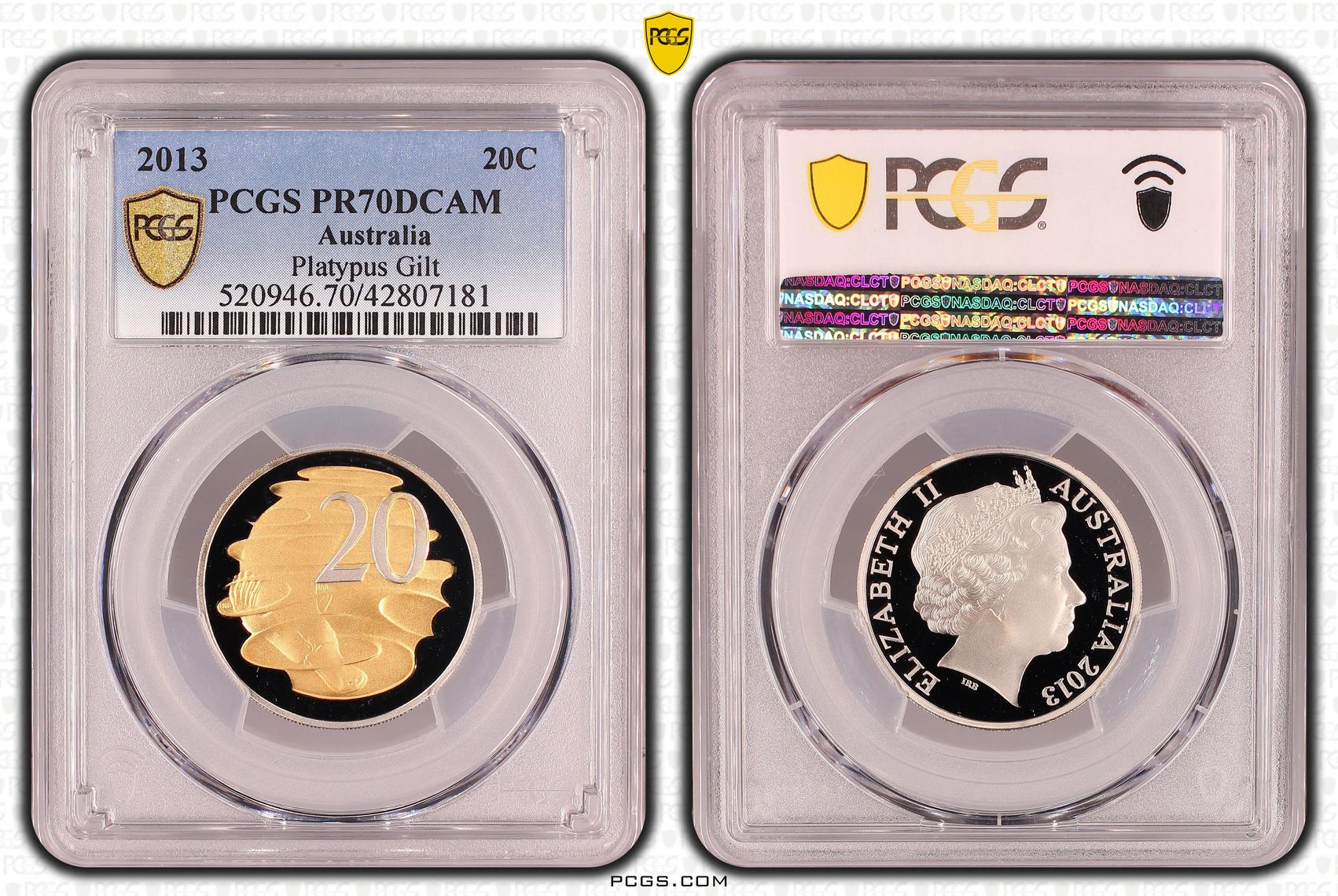 Elizabeth II, Playtpus Gilt, Twenty Cent, 2013, PCGS PR 70DCAM