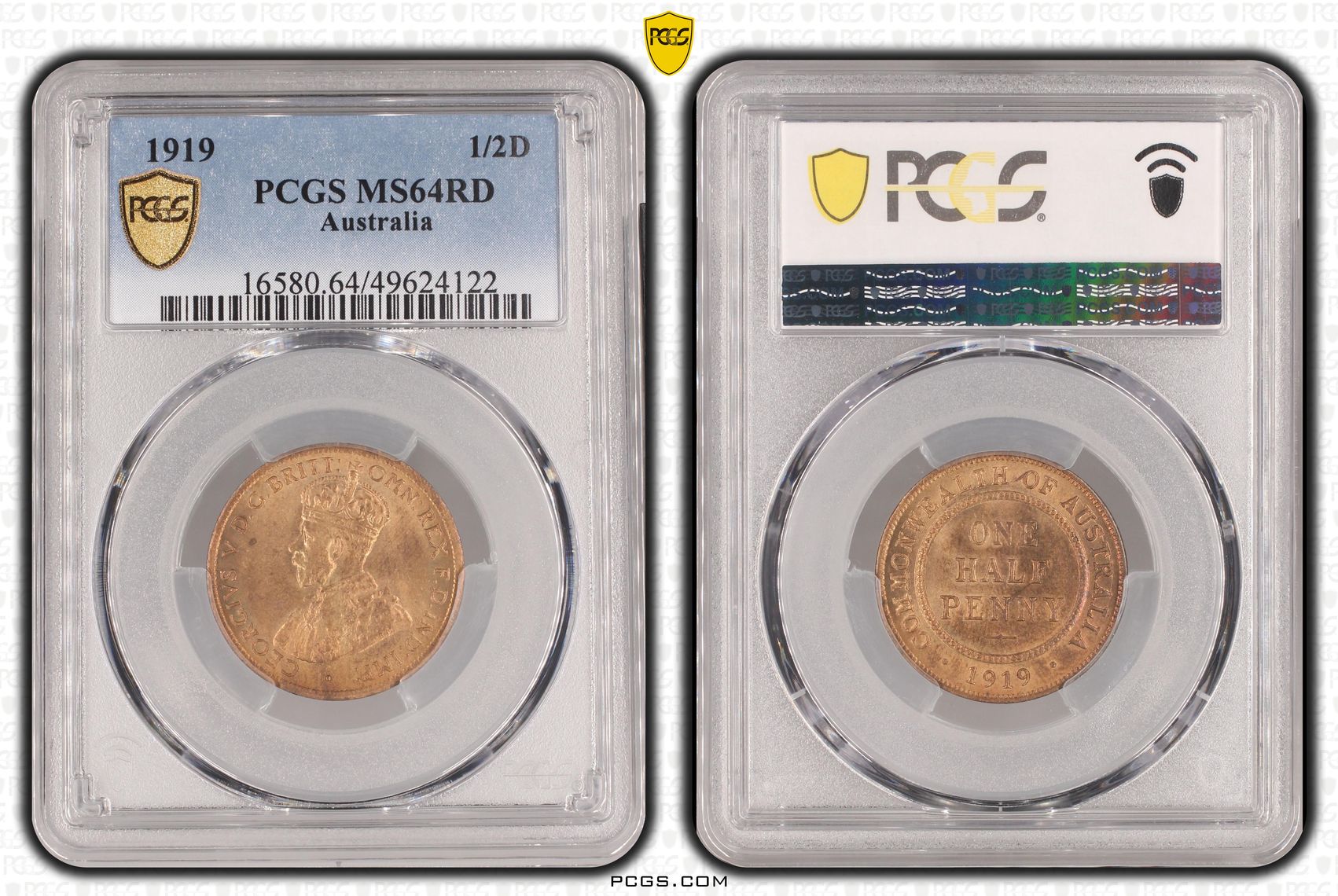George V, Halfpenny, 1919, PCGS MS64RD
