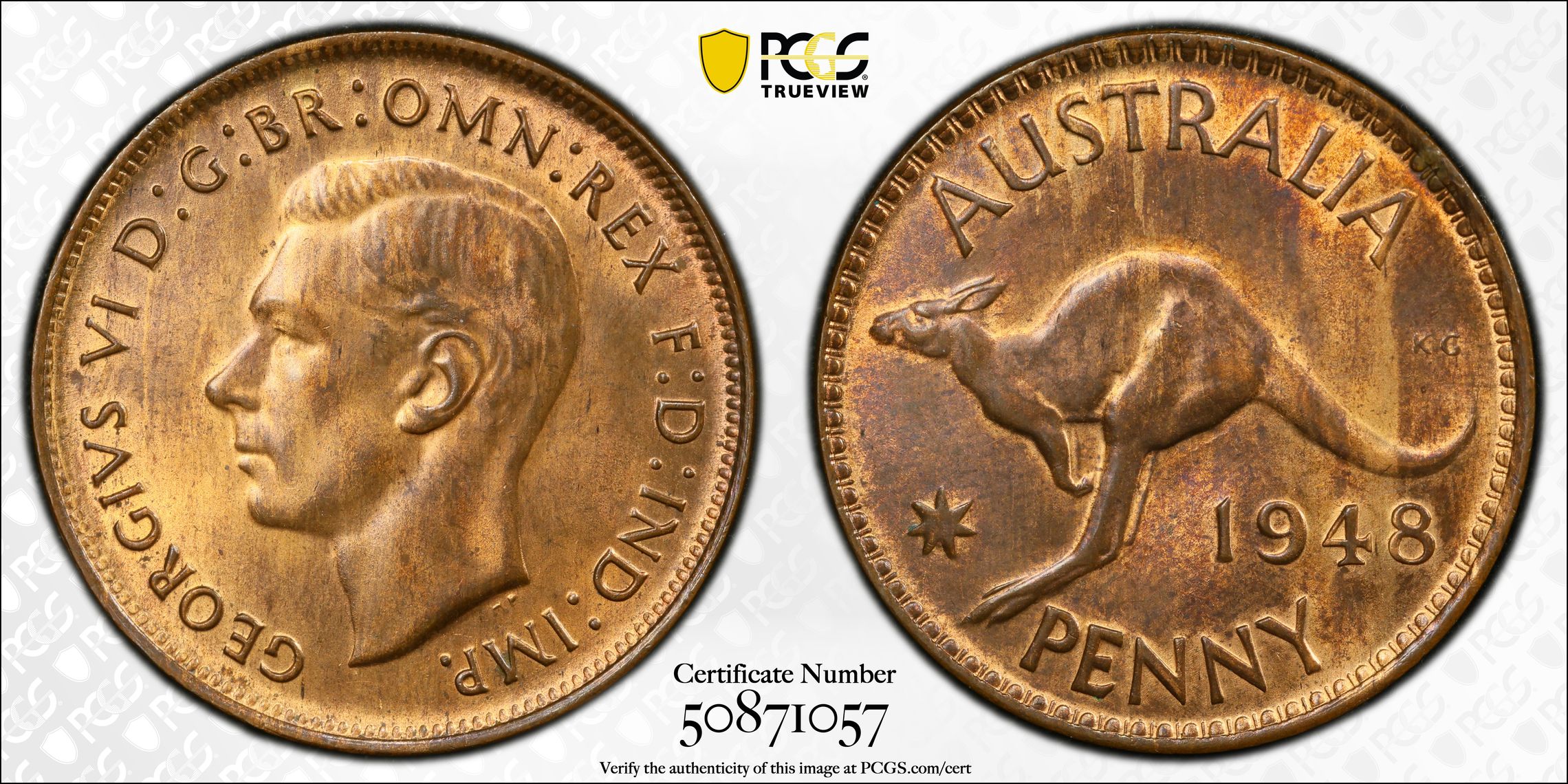 209 · George VI, KM-36, Penny, 1948, PCGS MS64RB