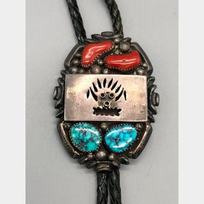 Vintage Turquoise & Coral Bolo by W. Begay