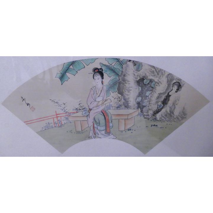 Chinese Fan Painting Framed- 15x25''