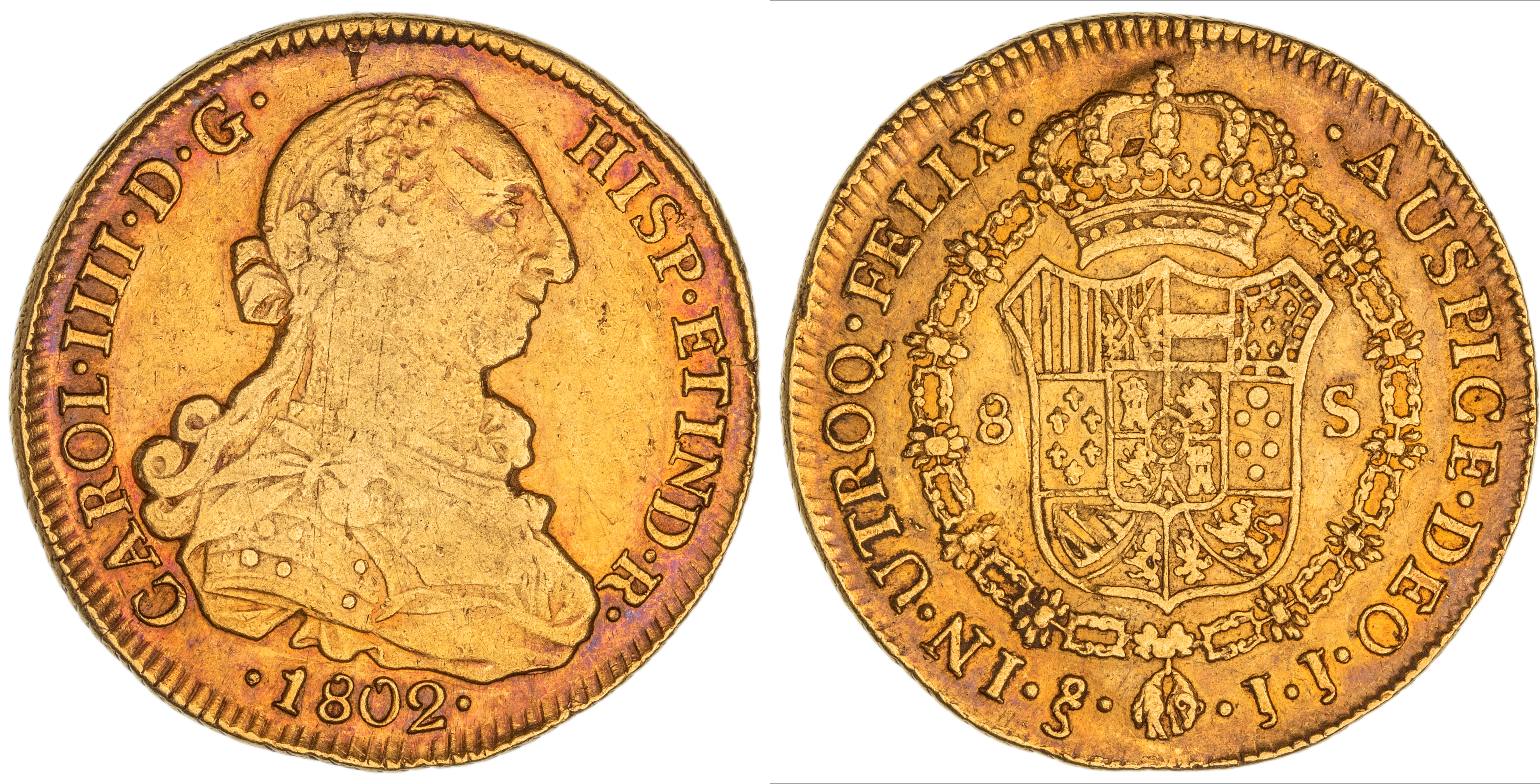 Chile, Charles IV, Eight Escudos, 1802-JJ, VF - gVF