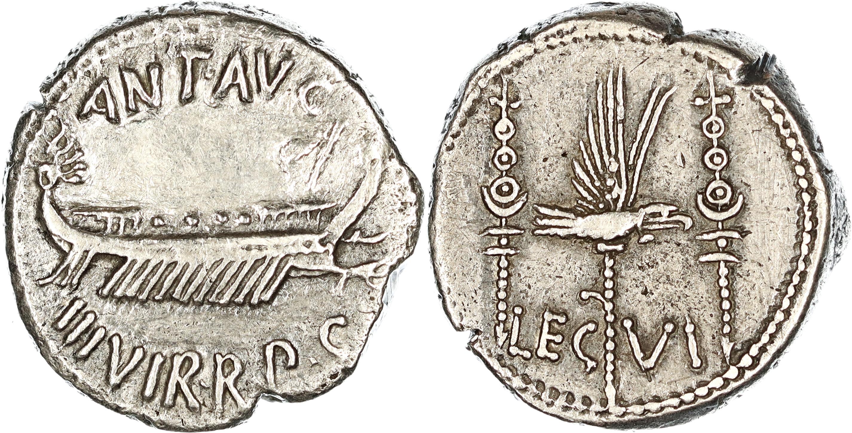 Roman Republic, Imperatorial Period, M. Antonius M.f. M.n. (Mark Antony), Silver Denarius, 32-31 BC, nVF