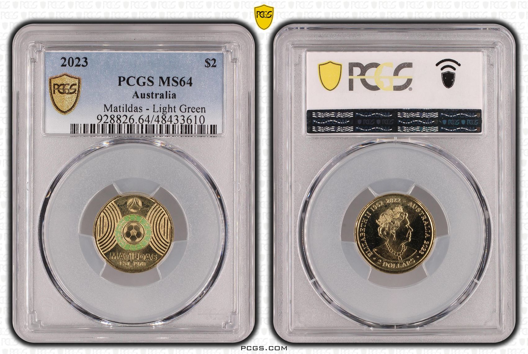 Elizabeth II, Matildas - Light Green Colorized, Two Dollar, 2023, PCGS MS64
