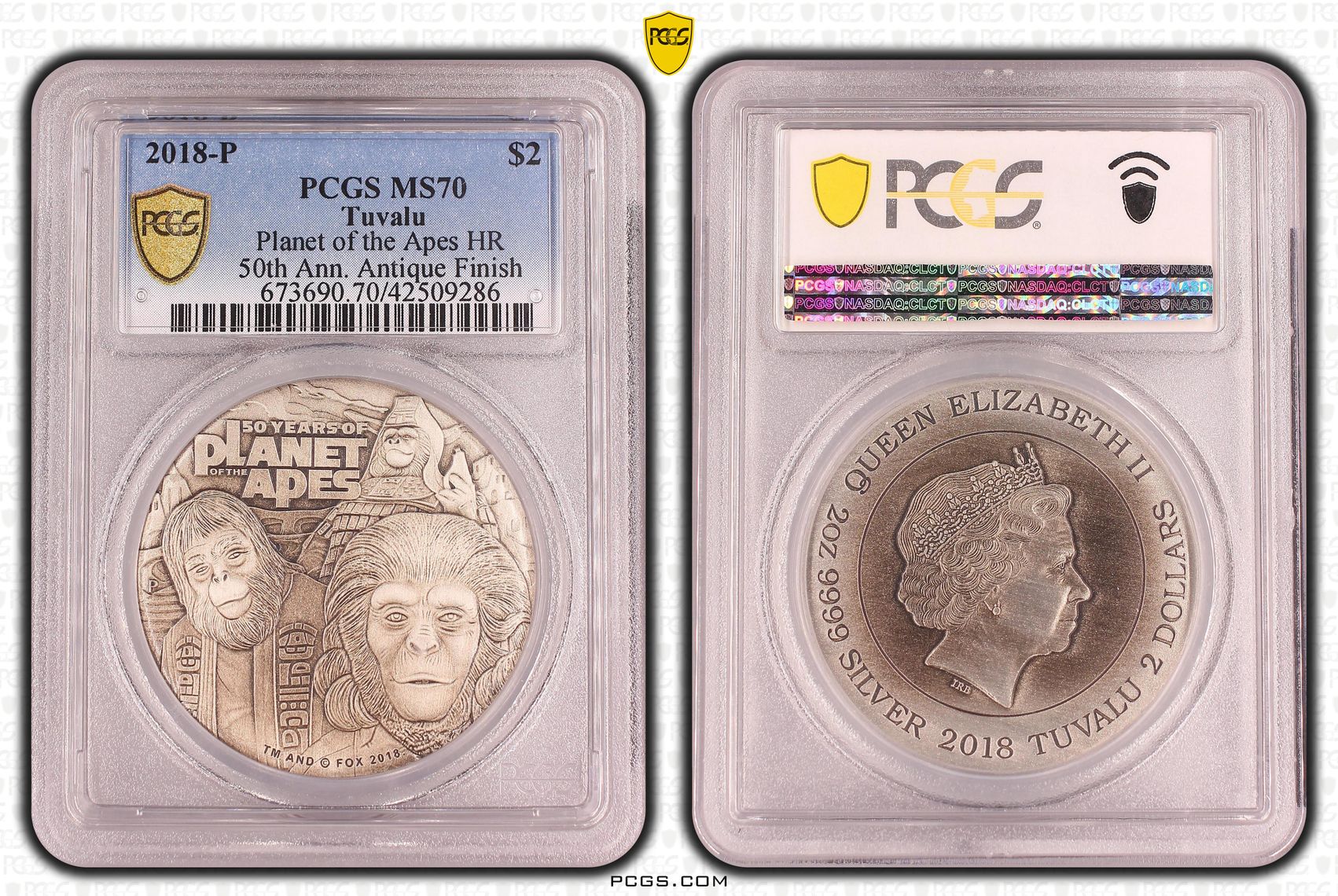 Tuvalu, Planet of the Apes HR, POP 1/0, Two Dollar, 2018-P, PCGS MS70