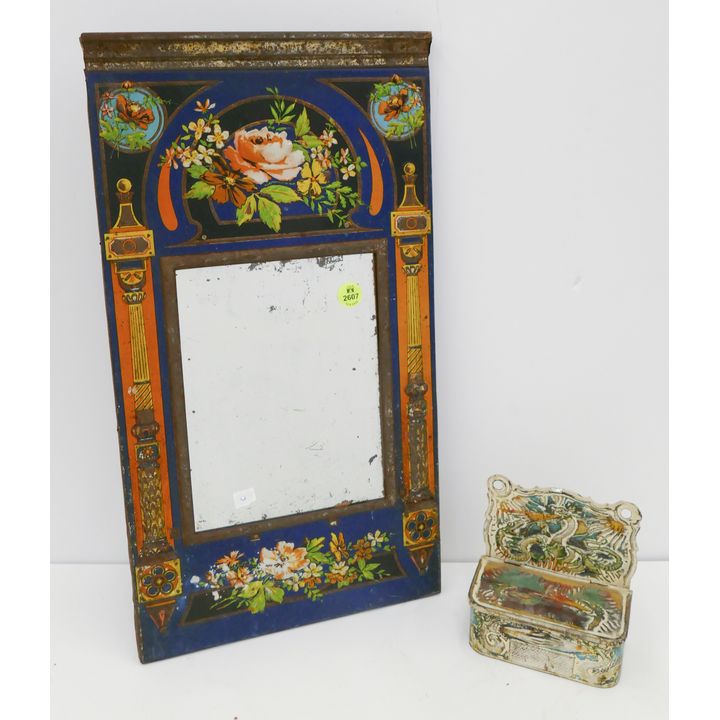 2pc Antique Tin Litho Framed Mirror and Match Holder- 5'' and 18''