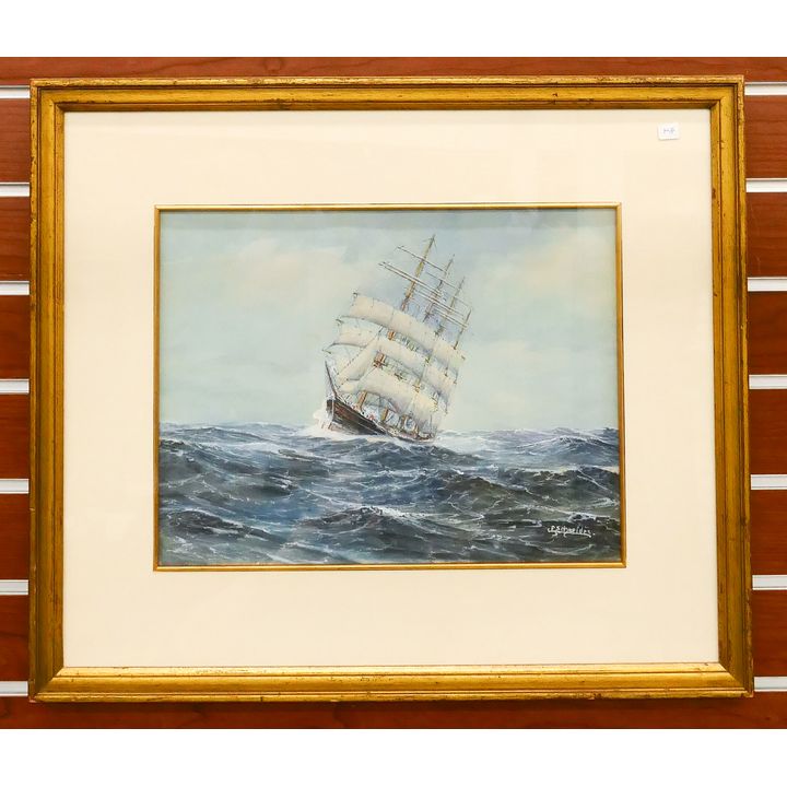 Frank Schneider Gouache Schooner Ship in Rough Seas Maritime Painting Framed- 19x21''