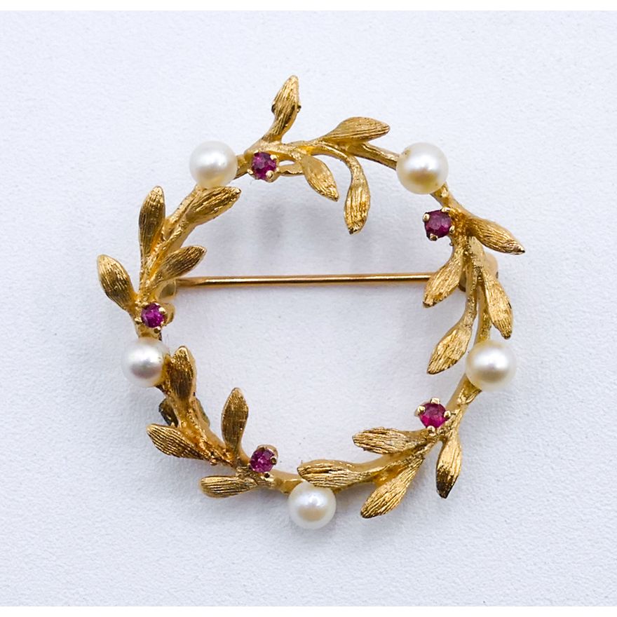 Ladies 14k Pearl & Ruby Wreath Brooch 1.25'' - 5.1 Grams