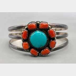 Turquoise And Coral Sterling Silver Bracelet