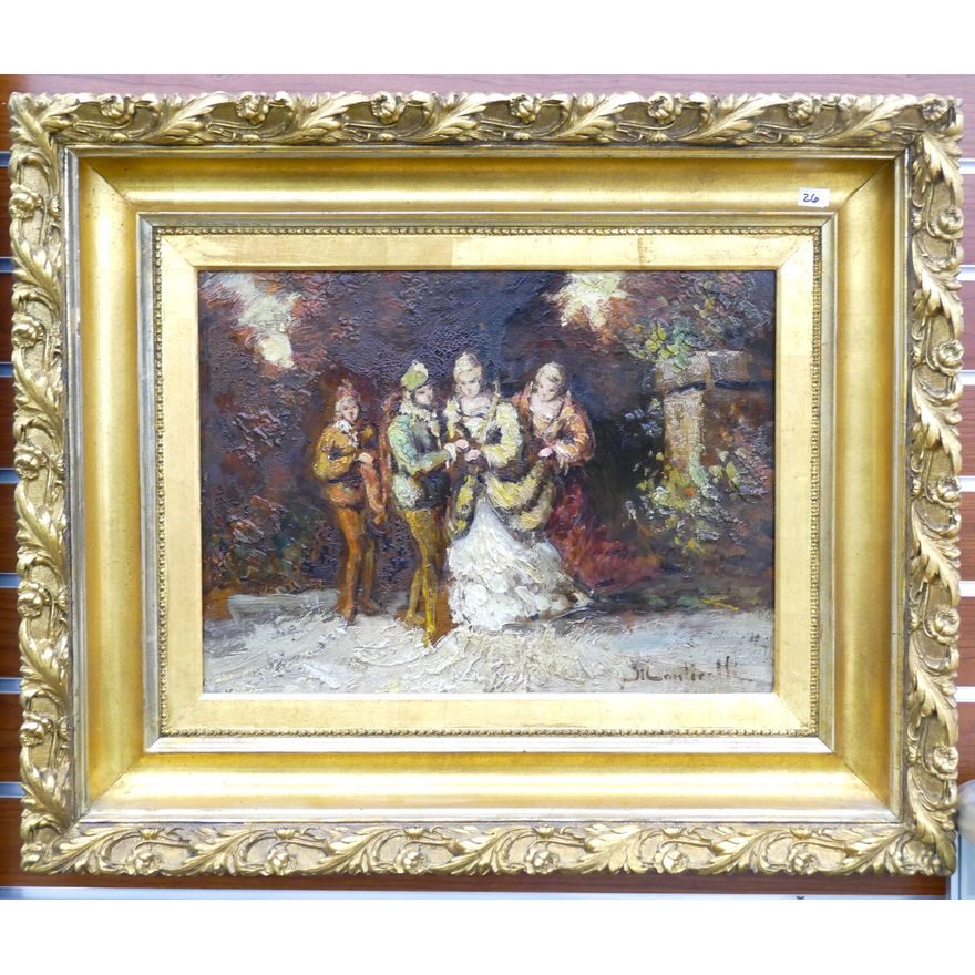 Antique Montiretti Genre Scene Oil Painting Gilt Framed 21''x25''