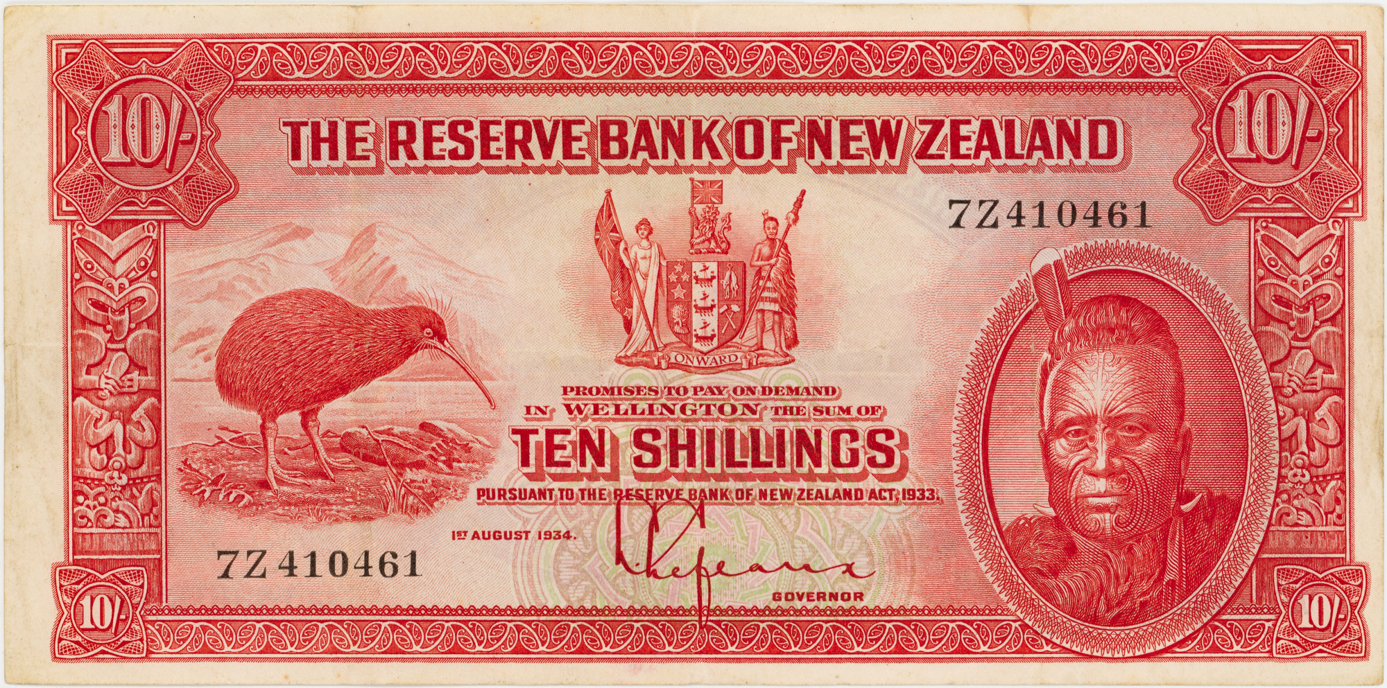 New Zealand, L. Lefeaux, Ten Shillings, 1934, gVF