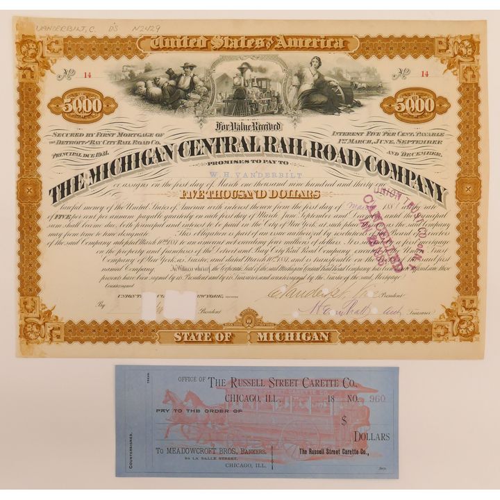 Michigan Central Railroad Company 5000 Dollar Stock Certificate signed by Cornelius Vanderbilt II (1881)