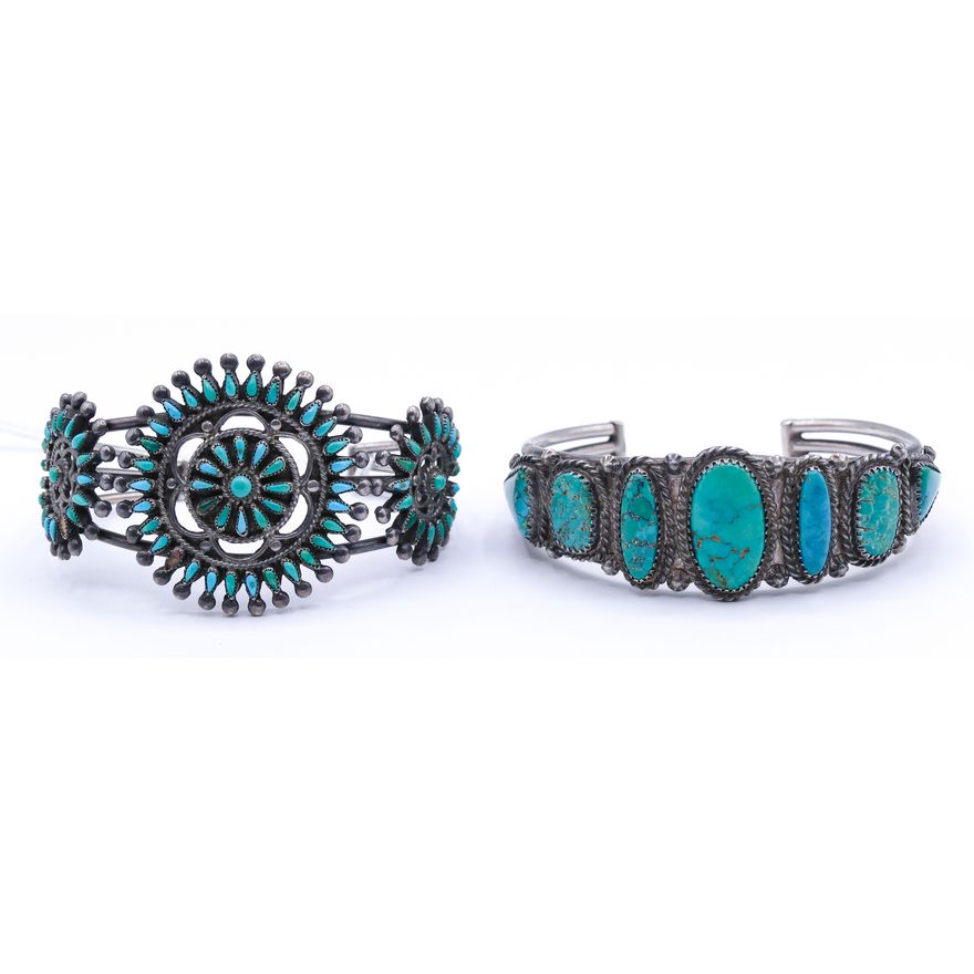 2pc Zuni and Navajo Sterling and Turquoise Cuff Bracelets 2.5''