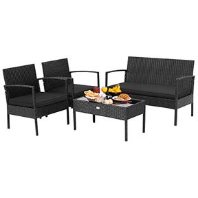 TANGKULA 4 PIECE PATIO RATTAN CONVERSATION SET, OUTDOOR WICKER FURNITURE SET W/GLASS COFFEE TABLE, SOLID STEEL STRUCTURE, ERGONOMI