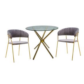 Round Glass Table with 2 Modern Velvet and Gold Metal Dining Chairs | GLASS BROKEN ONLY STAND