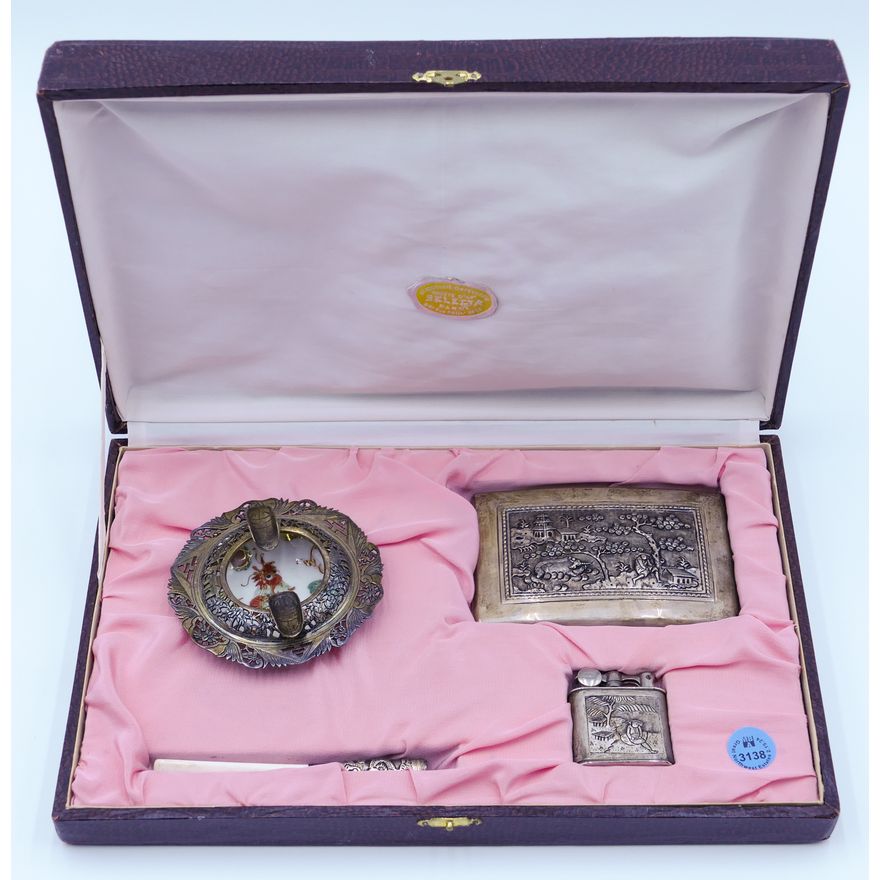 Old Vietnamese Decorated Silver Smoke Set in Box 12''