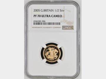 2005 PROOF GOLD HALF SOVEREIGN PF70 UCAM TOP POP!