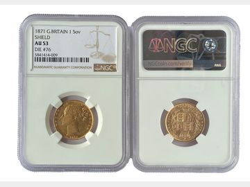 1871 Queen Victoria Young Head London Mint #Die 76 Shield Gold Sovereign NGC AU53