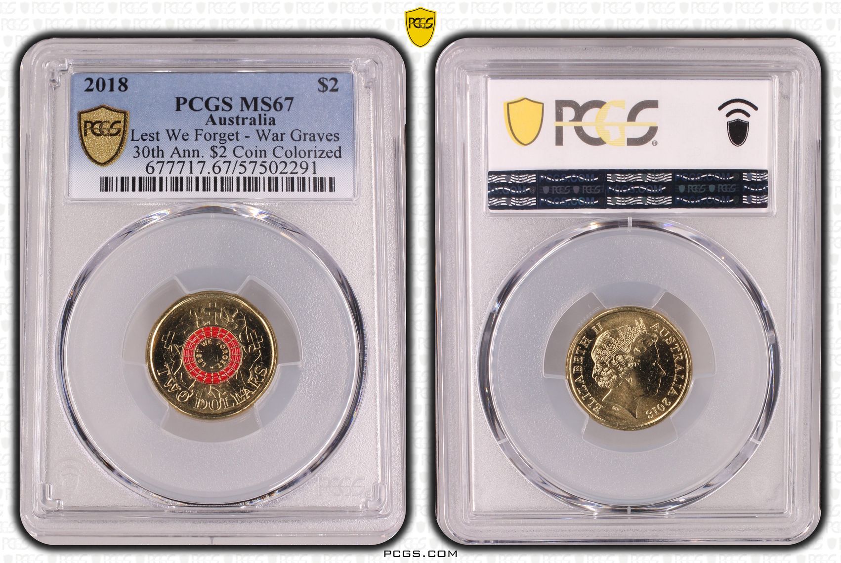 Lest We Forget - War Graves 30th Ann. $2 Coin Colourised, Two Dollar, 2018, PCGS MS67