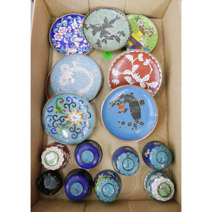Box 15pc Old Chinese Cloisonne Cups & Dishes