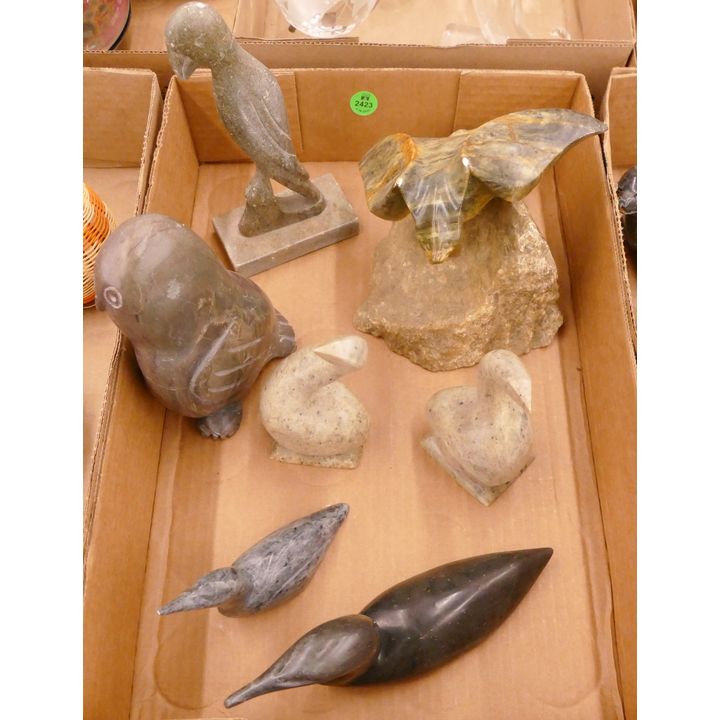 Box 7pc Alaska Soapstone Bird Carvings- largest 7''