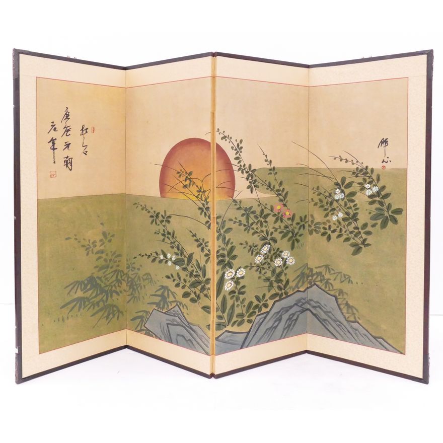 Japanese Sunset Scene Painted 4 Panel Screen- 36x54"