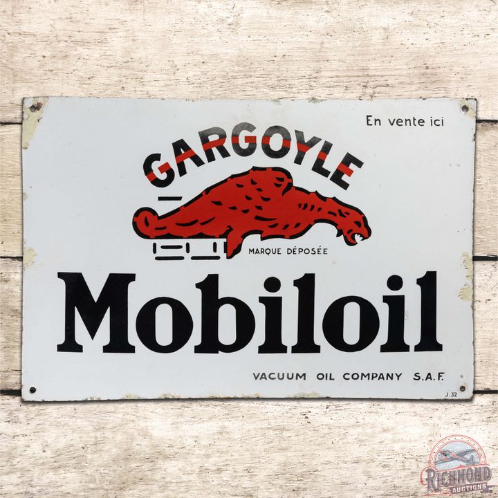 Gargoyle Mobiloil Vacuum Oil Company Convex Single Sided Porcelain Sign