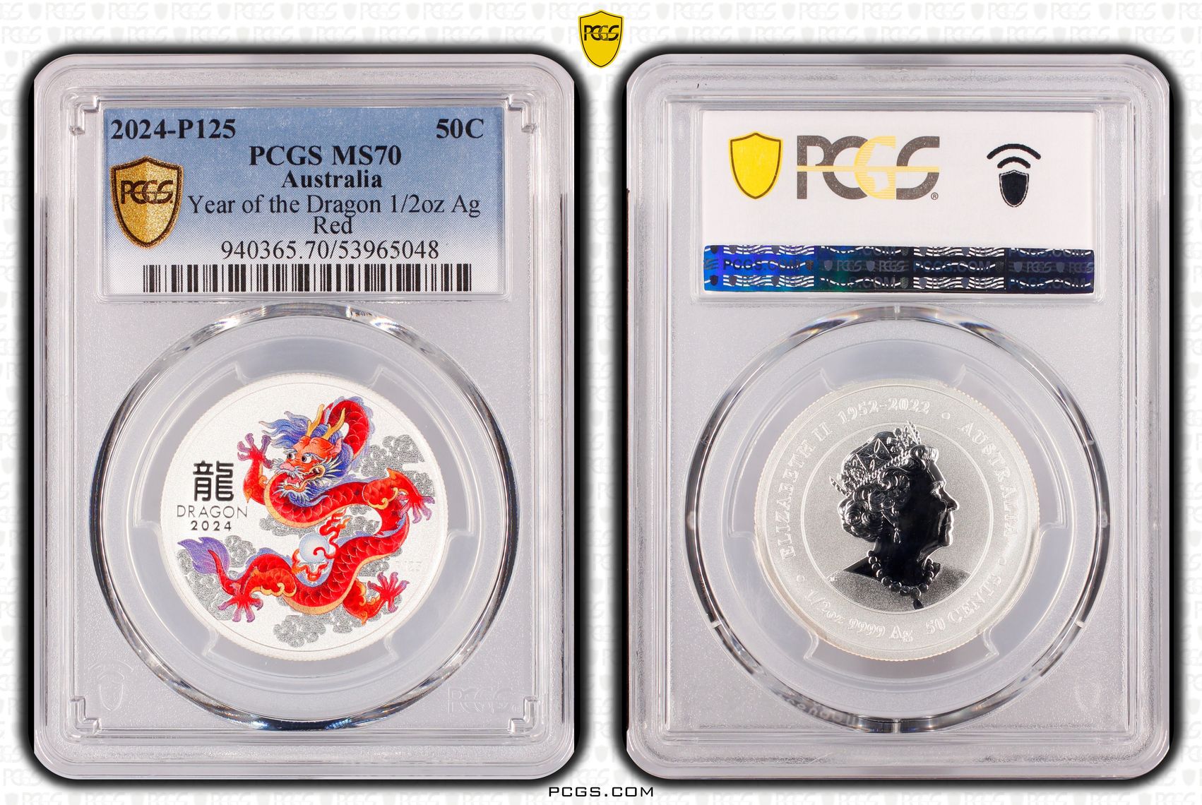 Year of the Dragon 1/2oz Ag Red, POP 1/0, Fifty Cent, 2024-P125, PCGS MS70