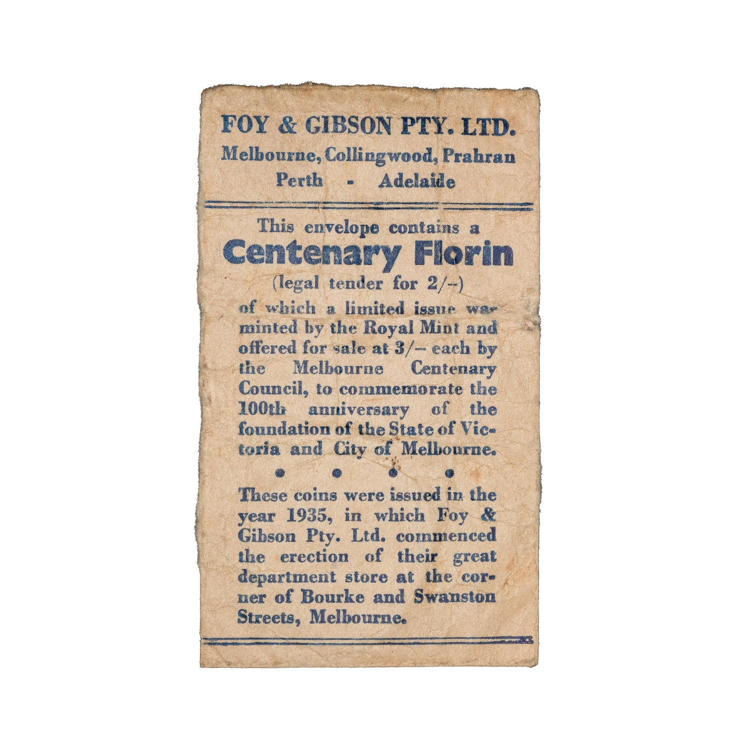 George V, Foy & Gibson Pty Ltd Envelope, Florin, 1934-35, Fine