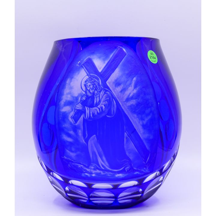 Polish Cobalt Cameo Cut Glass Vase- 9x8''