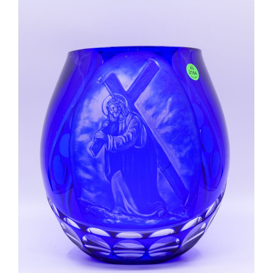 Polish Cobalt Cameo Cut Glass Vase- 9x8''