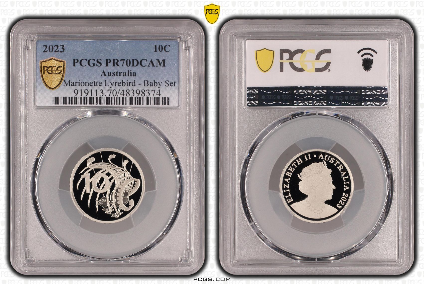 Elizabeth II, Marionette Lyrebird - Baby Set, Ten Cent, 2023, PCGS PR70DCAM