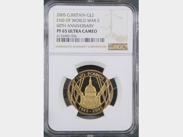 2005 ELIZABETH II 'END OF WWII 60TH ANNIVERSARY' PROOF GOLD 2 POUND COIN PF65 UCAM
