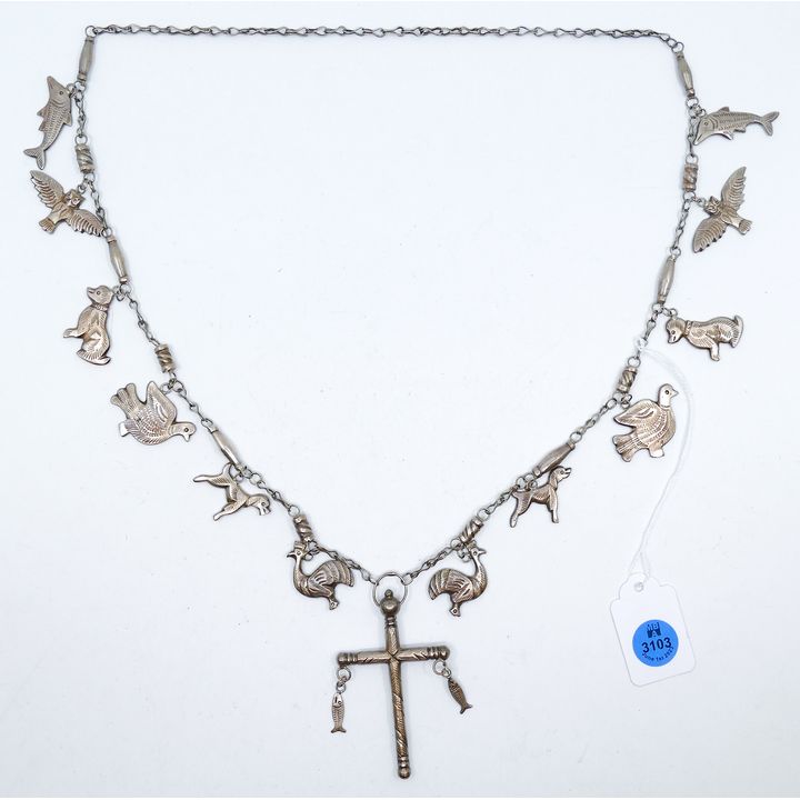 Heavy South American Silver Rosary Necklace with Animals 30'' - 146 Grams
