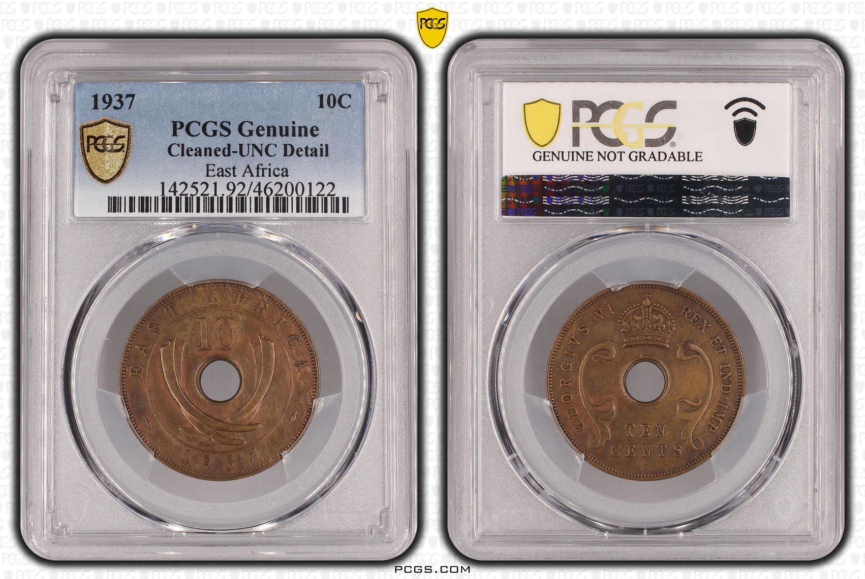 East Africa, Ten Cent, 1937, PCGS Genuine - UNC Details (92 - Cleaned)