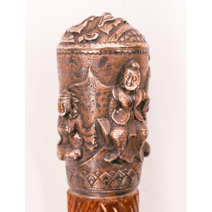 Antique Burmese Silver Repousse Handled Walking Stick- 32''