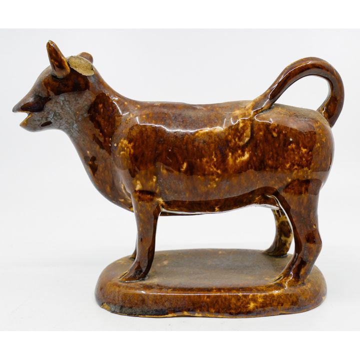 Antique Brownware Figural Cow Creamer 7'' - Chips to horns
